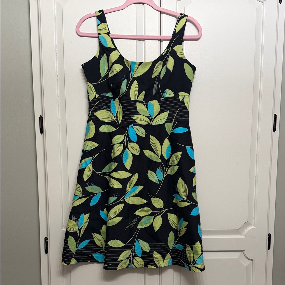 Dress Barn Black Dress with Green and Blue Leaf Pattern